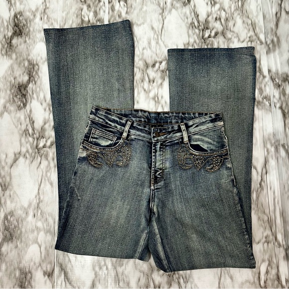 AZI Bling Medium Wash Flair Bootcut Denim Blue Jeans Western Cowgirl Women Sz 6 - Picture 2 of 12